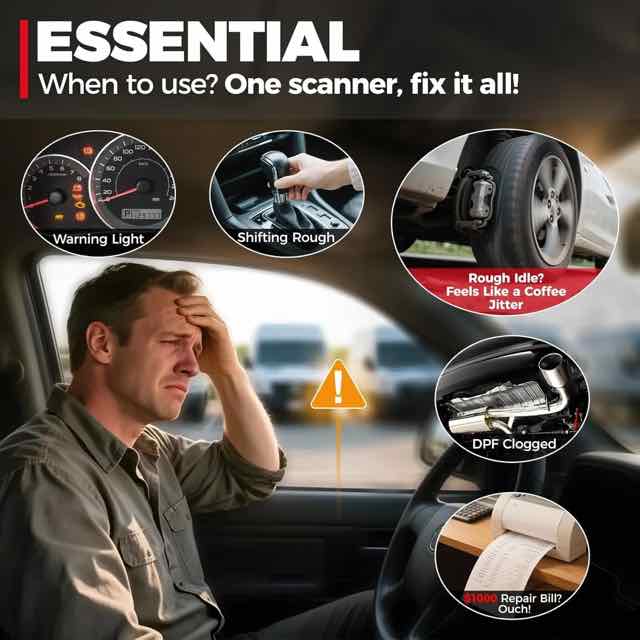 A frustrated driver sitting in a car with warning light and diagnostic problem callouts, including rough shifting, rough idle, DPF clogged and a repair bill icon.
